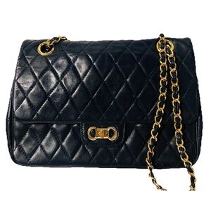 Vintage 80s Walter Katten Made in Italy Quilted Navy Blue Leather Shoulder Bag